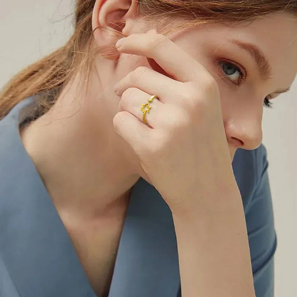 YILUOCD Justerbar Judisk Ring – Magen Davidsstjärnan med Hollow Hexagon & Zircon