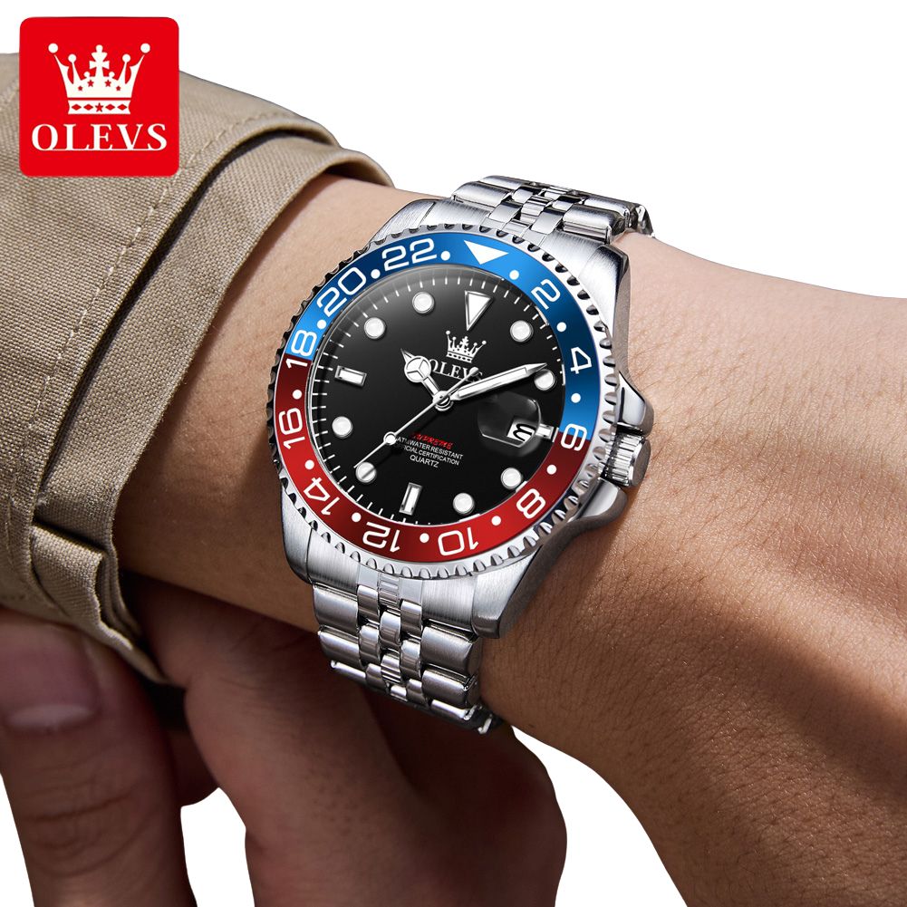 OLEVS 5657 Herrklocka – Lyxig Original Quartz Business/Sport – Vattentät 3 bar, Lysande, Stöttålig, Komplett Kalender, Diver-stil