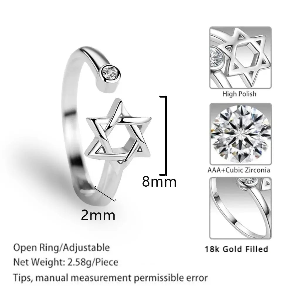 YILUOCD Justerbar Judisk Ring – Magen Davidsstjärnan med Hollow Hexagon & Zircon