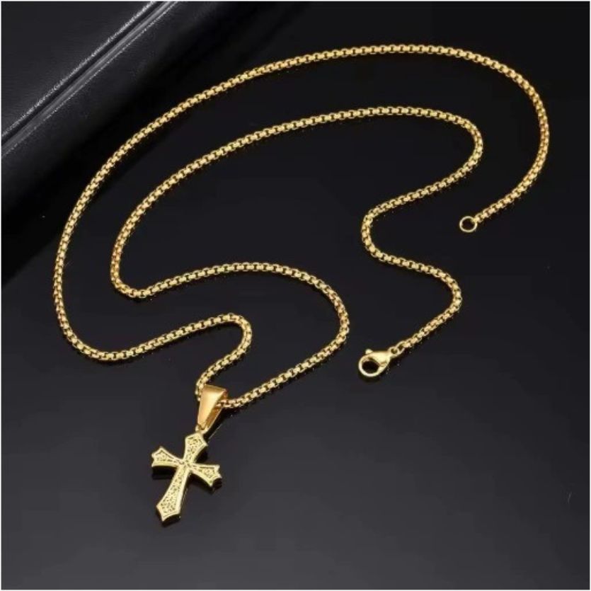 Hip Hop korshalsband för män & kvinnor – Rostfritt stål, kristet korshänge, 60 cm – Silver, Guld, Svart