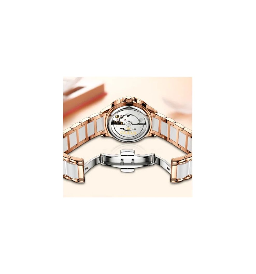 OLEVS 6631 Lyxig automatiska mekanisk hjärtklocka för damer med keramiskt armband, vattentätt