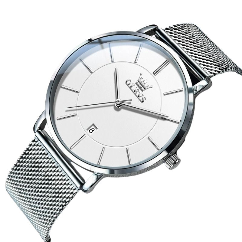 OLEVS 5869 Herrklocka – Ultra-tunn Quartz Original – Vattentät, Datumvisning, Mesh-stålband, Enkel & Elegant Fashion Casual Watch för Män