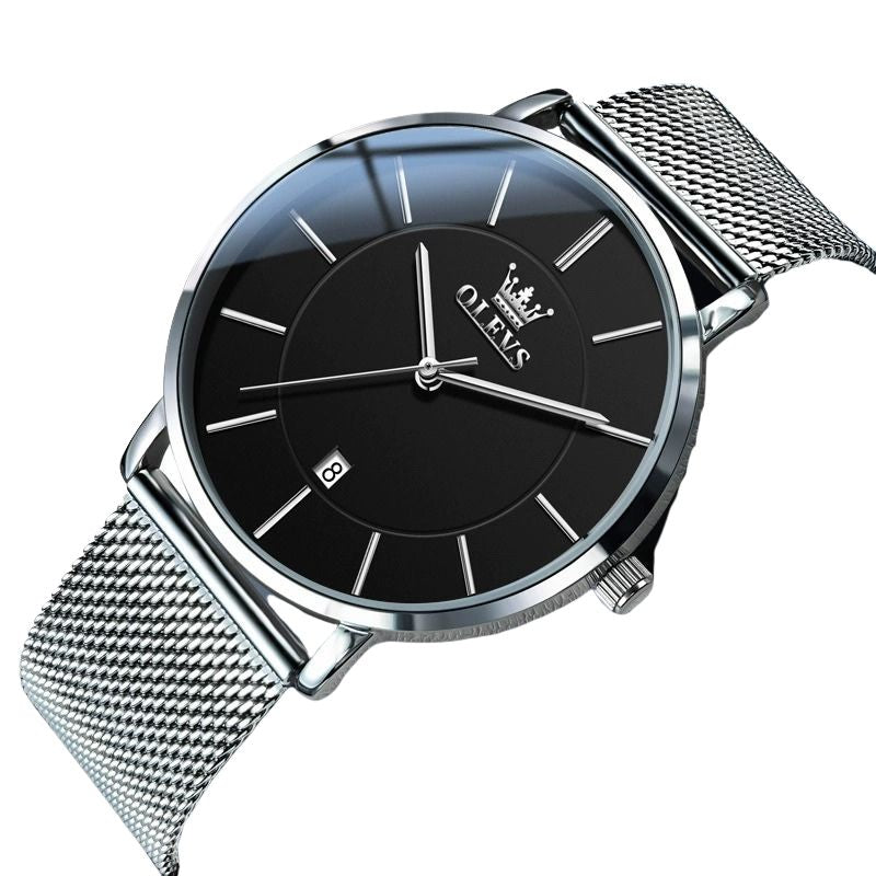 OLEVS 5869 Herrklocka – Ultra-tunn Quartz Original – Vattentät, Datumvisning, Mesh-stålband, Enkel & Elegant Fashion Casual Watch för Män
