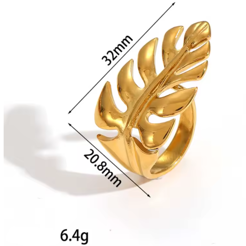Öppen ring i rostfritt stål med ihåligt bladmotiv, 18K guldplätering