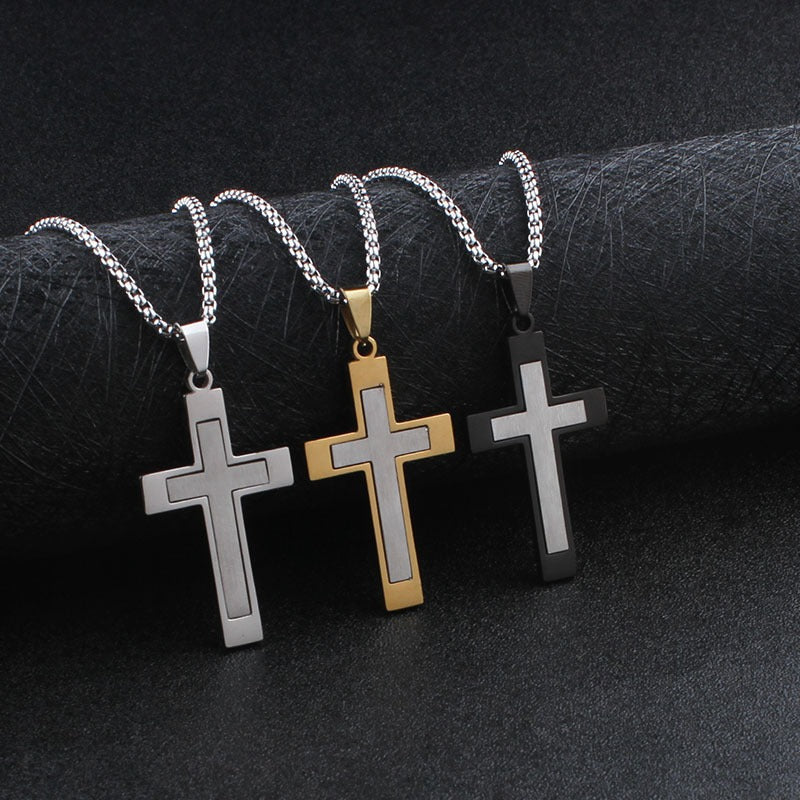 Punk Korshalsband i Rostfritt Stål – Klassiska Bönsmycken för Män | Trendigt Hängsmycke i Guld, Silver & Svart – 60 cm