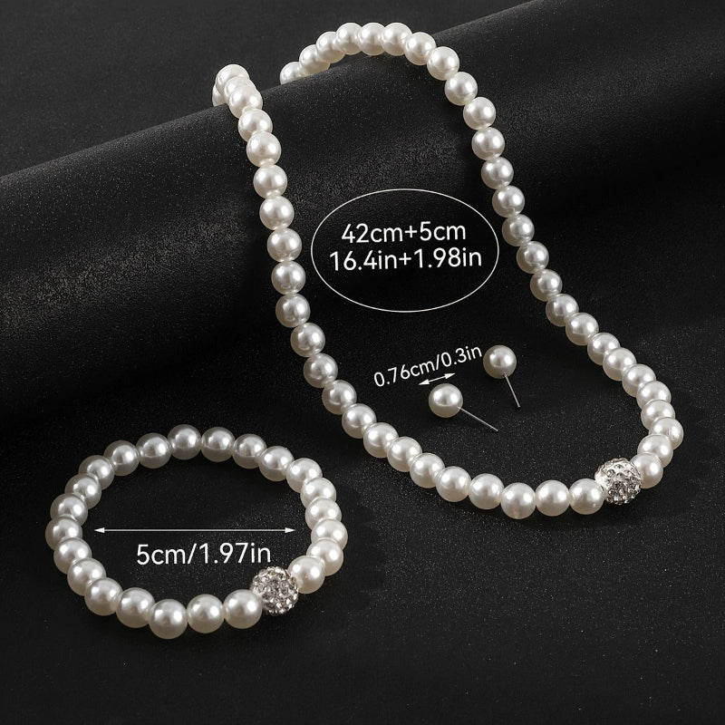 3‑delat smyckeset med imitationpärlor: halsband, armband och örhängen, silverfärg, kristalldetaljer, elegant