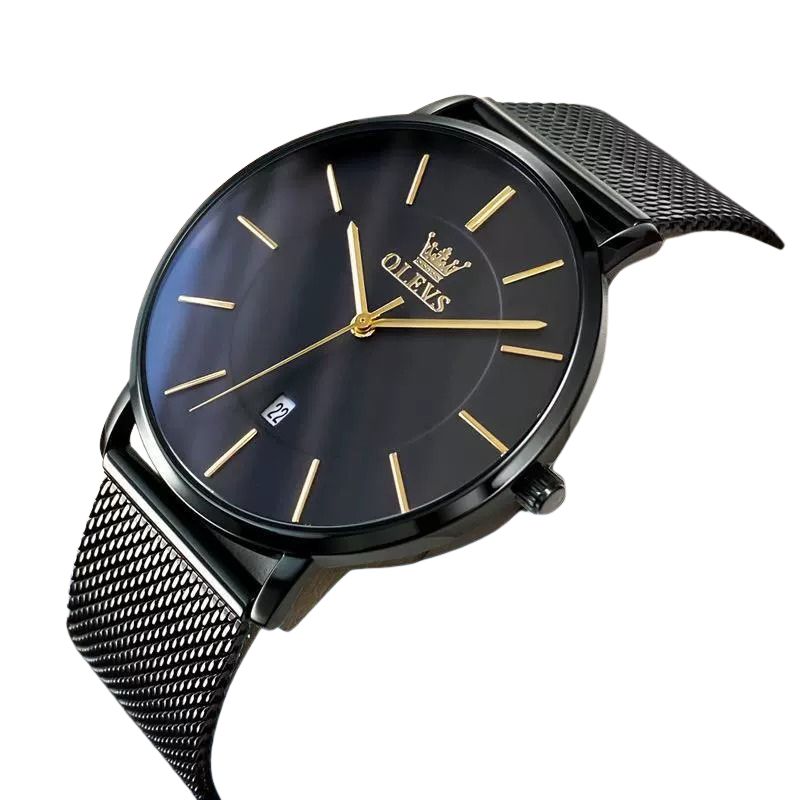 OLEVS 5869 Herrklocka – Ultra-tunn Quartz Original – Vattentät, Datumvisning, Mesh-stålband, Enkel & Elegant Fashion Casual Watch för Män